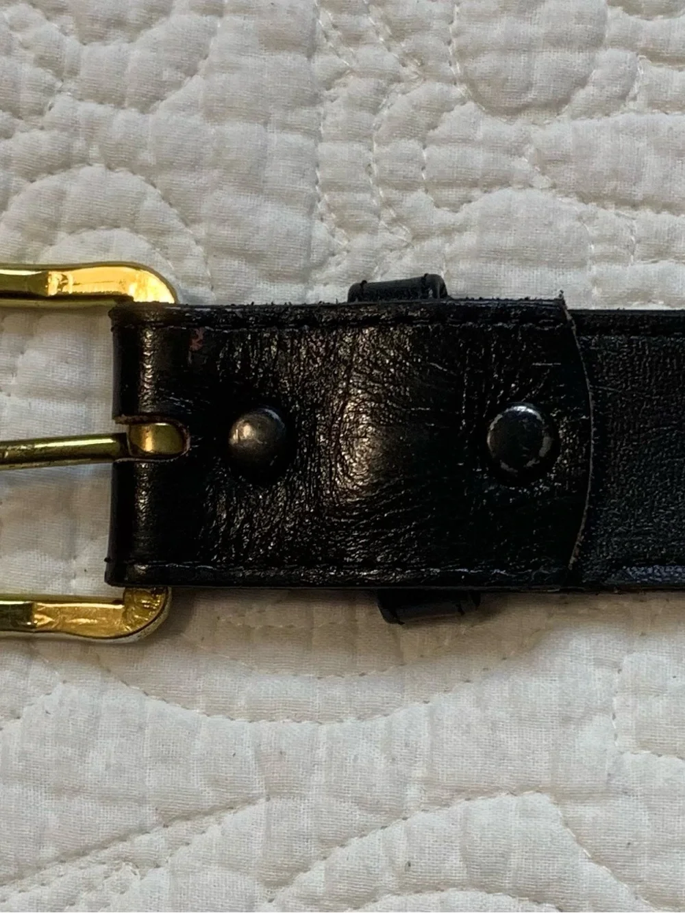 Vintage Manhattan Black Leather Belt with Gold-Tone Buckle